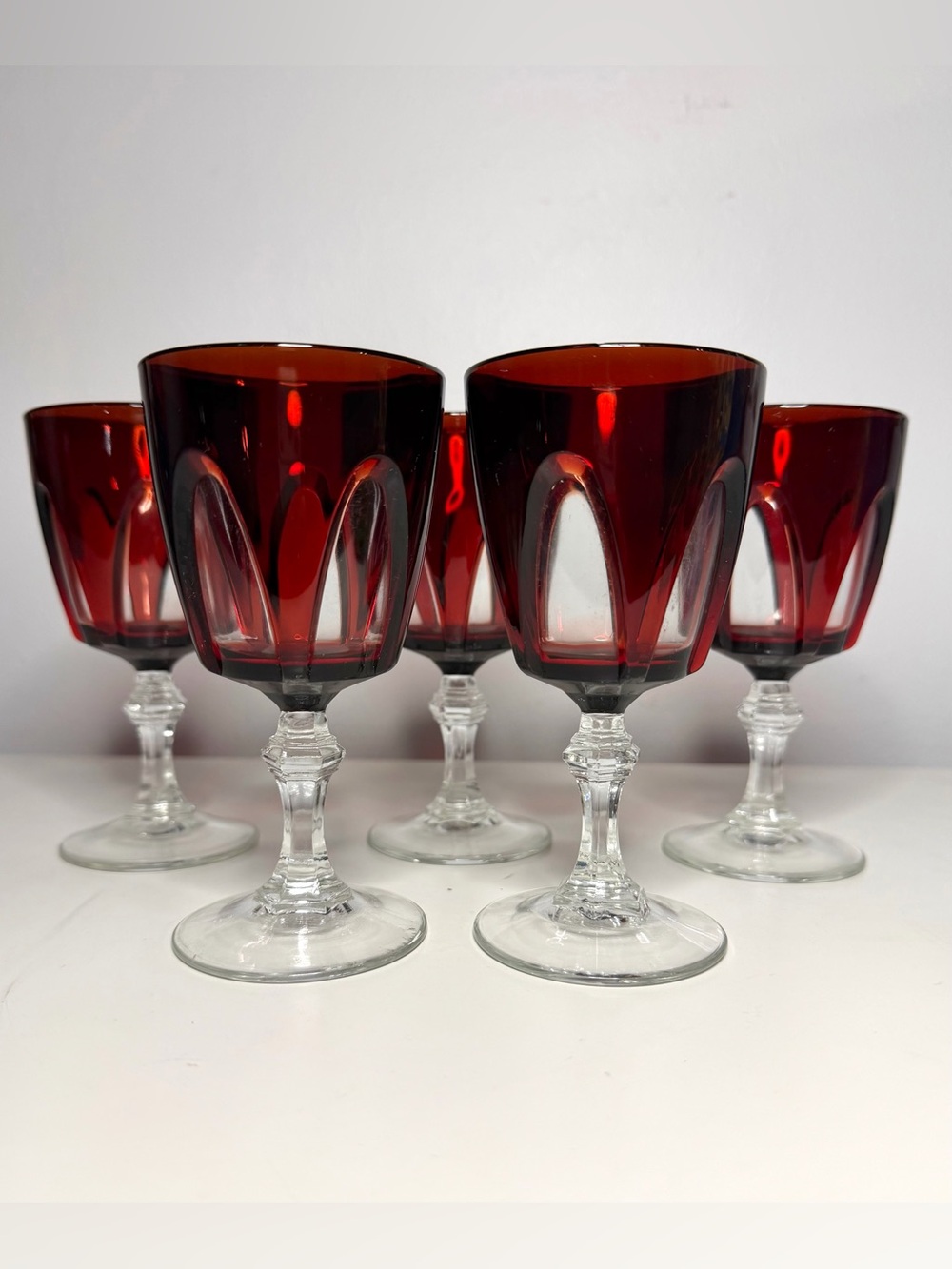 1970s Cristal d’Arques Durand Gothic Ruby Red Wine Glasses – Set of 5